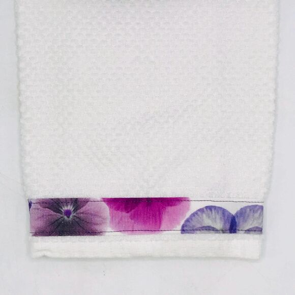Hanging Kitchen Towel: Bright Purple Pansies Topper, Button Closure - Picture 6 of 7